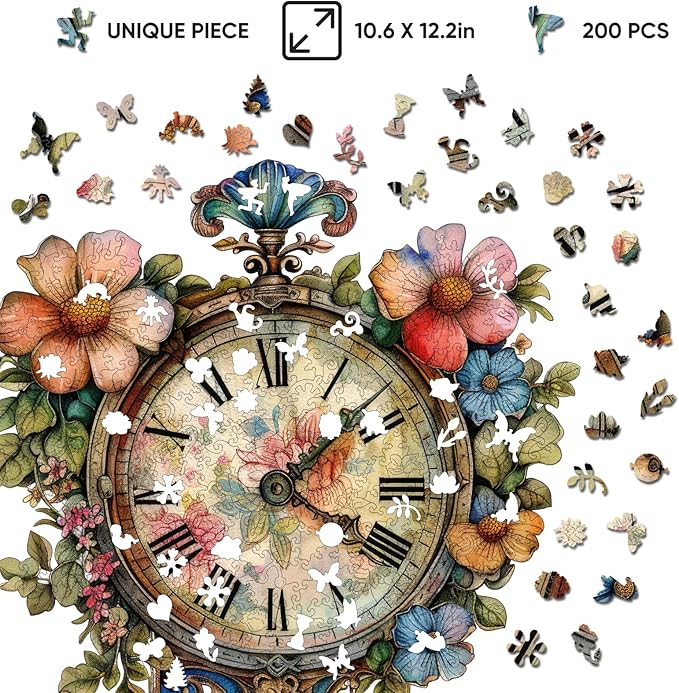 Wooden Jigsaw Puzzles, Flower Clock Wooden Puzzles for Adults 200 Pieces, Unique Shaped Wood Puzzle, Beautiful Package, Best Gift for Adults and Kids, Family Game,12.2'' x 10.6''