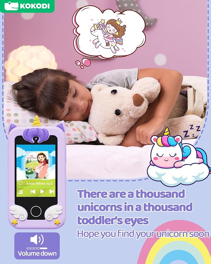 KOKODI Kids Smart Phone Toys, Birthday Gifts Unicorn Toddler Play Phone for Girls 3-10, Touchscreen HD Dual Camera Cell Phone for Kids, Travel Toy Preschool Learning Toy for Kids (Purple)