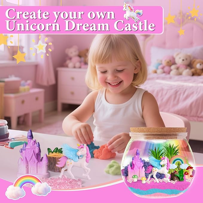 Unicorn Terrarium Kit for Girls - LED Light-Up DIY Arts and Crafts Night Light Gift for Kids Ages 4-12Night Light Birthday Gift DIY Arts and Crafts Kit for Kids