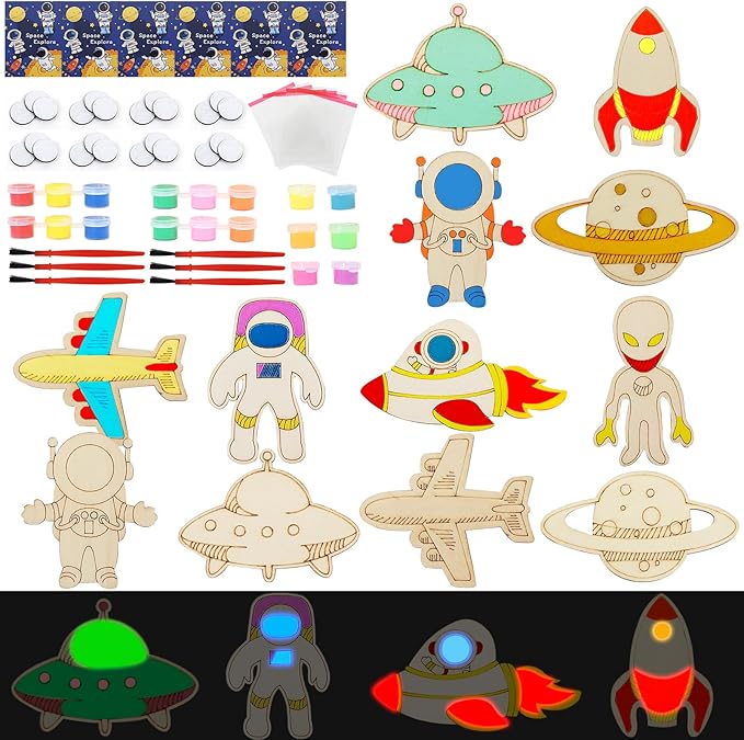 LARDUX Space Party Favors, 24PCS DIY Wooden Arts & Crafts Painting Kit for Kids, Glow in The Dark Party Favors Family Crafts Birthday Party Christmas Gifts Toys for Boys Girls