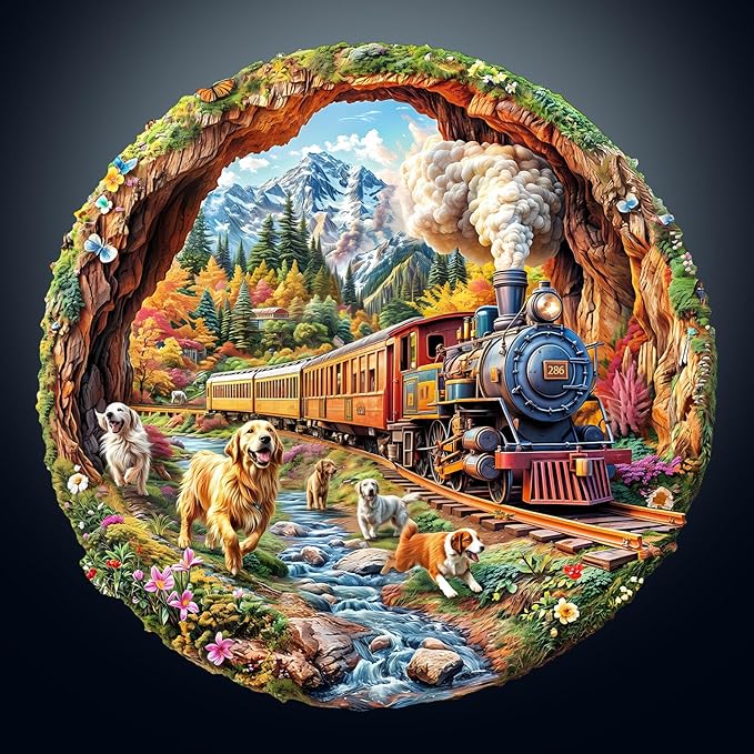 KAAYEE Wooden Puzzles for Adults, 3D Visual Effect Dogs Racing Against Trains Wooden Jigsaw Puzzle Unique Shape Wood Puzzle Adult, 3D Effect Flat Puzzle Birthday Family Games (S-8.5 * 8.3in-100pcs)
