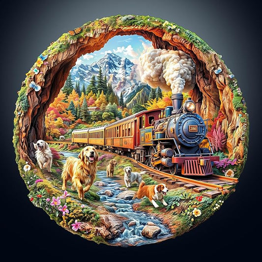 KAAYEE Wooden Puzzles for Adults, 3D Visual Effect Dogs Racing Against Trains Wooden Jigsaw Puzzle Unique Shape Wood Puzzle Adult, 3D Effect Flat Puzzle Birthday Family Games (M-11.4 * 11.2in-200pcs)