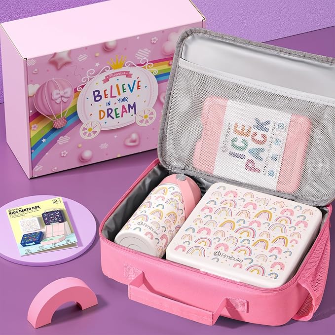 Fimibuke Kids Bento Lunch Box with 4 Compartments, Insulated lunch Bag, Stainless Steel Insulated Water Bottle, Ice Pack & Utensils Set, Birthday Gifts for Ages 3-12 Back to School Toddler Girls Boys
