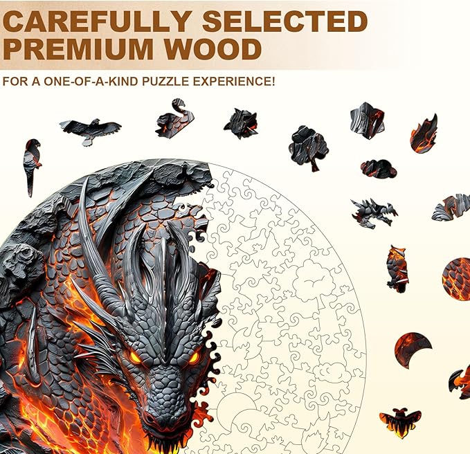 WOODBESTS Wooden Puzzles for Adults-3D Dragon, 200 Pieces Wood Puzzle (M-11.4 * 11.4in), Premium Art Shape Wooden Animal Jigsaw Puzzles, for Men/Women & Family Game Night