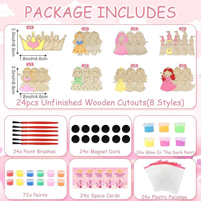 LARDUX Princess Party Favors, 24PCS DIY Wooden Arts & Crafts Painting Kit for Kids, Glow in The Dark Party Favors Family Crafts Birthday Party Christmas Gifts Toys for Boys Girls