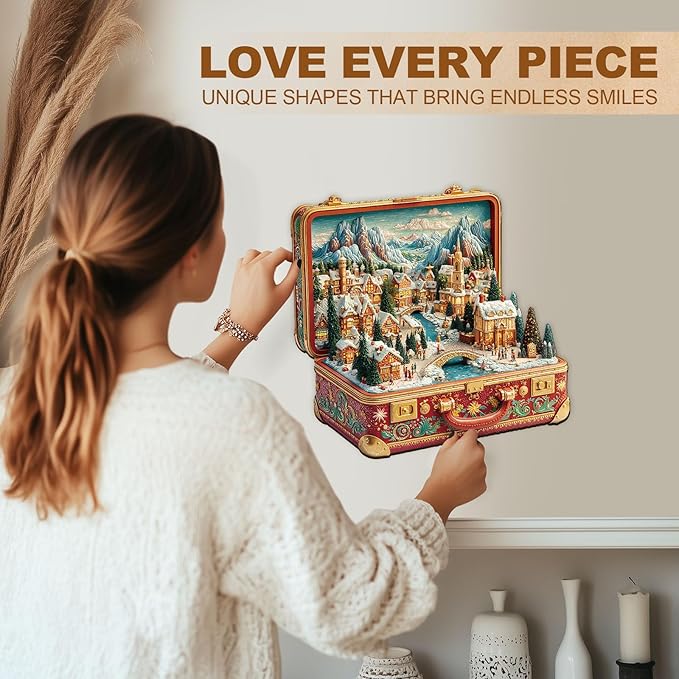 WOODBESTS Wooden Puzzles for Adults (185 Piece, M, 11.4 * 11.1in) Christmas Suitcase Town Wood Puzzle Adult, Unique Wooden Animal Jigsaw Puzzles, Family Game and Birthday Gifts for Friend