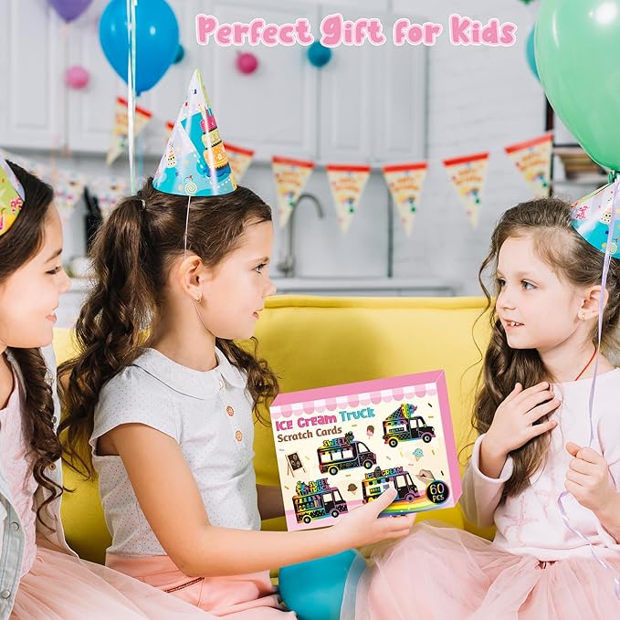 CY2SIDE Ice-Cream Truck Scratch Cards - 60PCS Summer Ice Cream Cart Scratch Craft Paper Ornament Gift Set for Kid, Dessert Truck Magic Rainbow Color Craft Kit for Kid Birthday Party School Activity