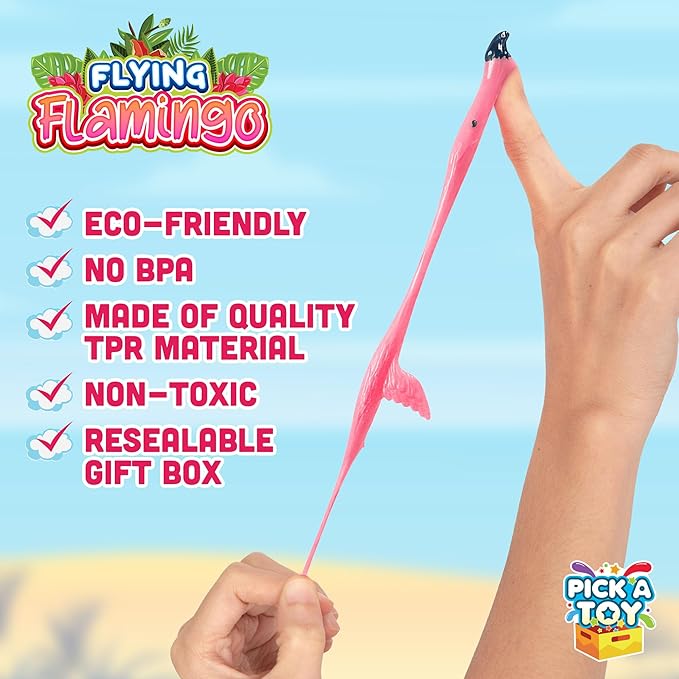 PICK A TOY 36 Pcs Flamingo Party Favors Toys for Kids, Bird Shooter Game Finger Flicker, Tropical Themed Decorations, Treasure Chest for Kids Prizes, Flying Chicken Slingshot