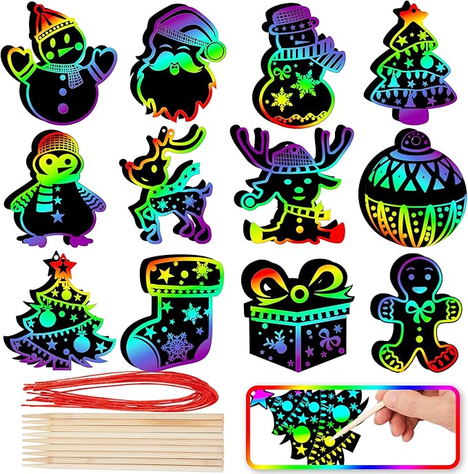 JOYIN 120 Pcs Christmas Scratch Art Ornaments, Rainbow Color Scratch Paper Craft Kit, Christmas Hanging Ornament, Scratch Off DIY Arts & Crafts Kit for Kids, Holiday Crafts Party Favor