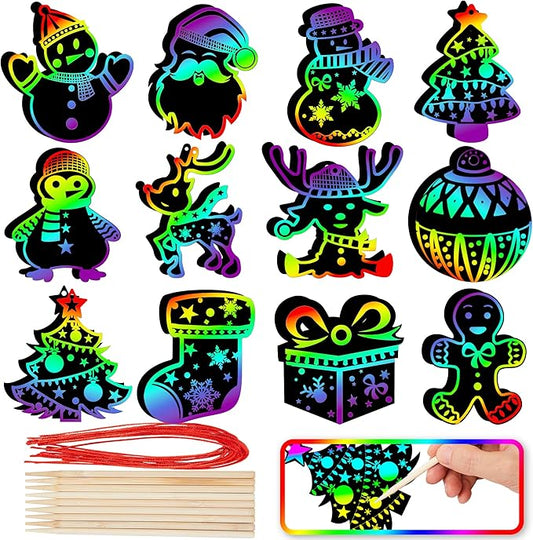 JOYIN 120 Pcs Christmas Scratch Art Ornaments, Rainbow Color Scratch Paper Craft Kit, Christmas Hanging Ornament, Scratch Off DIY Arts & Crafts Kit for Kids, Holiday Crafts Party Favor