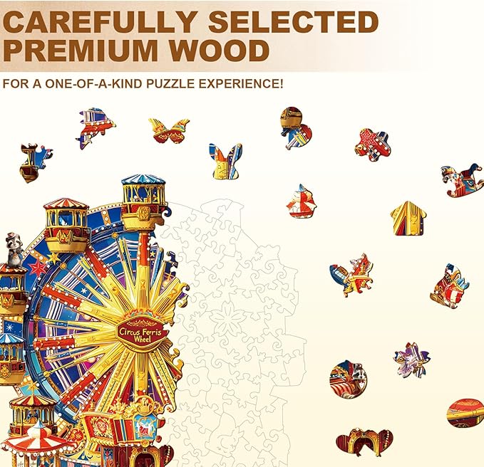 Jigfoxy Wooden Puzzles for Adults, Circus Ferris Wheel Wood Puzzles Adult, Unique Animal Shape Wooden Jigsaw Puzzles for Adults, Birthday Gifts for Puzzle Lovers, Family, Friend (M-11.4 * 9.7in-175pc)