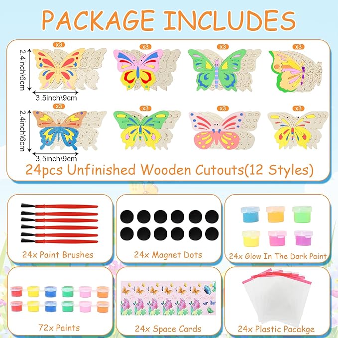 LARDUX Butterfly Party Favors, 24PCS DIY Wooden Arts & Crafts Painting Kit for Kid, Glow in The Dark Party Favors Family Crafts Birthday Party Christmas Gifts Toys for Boys Girls