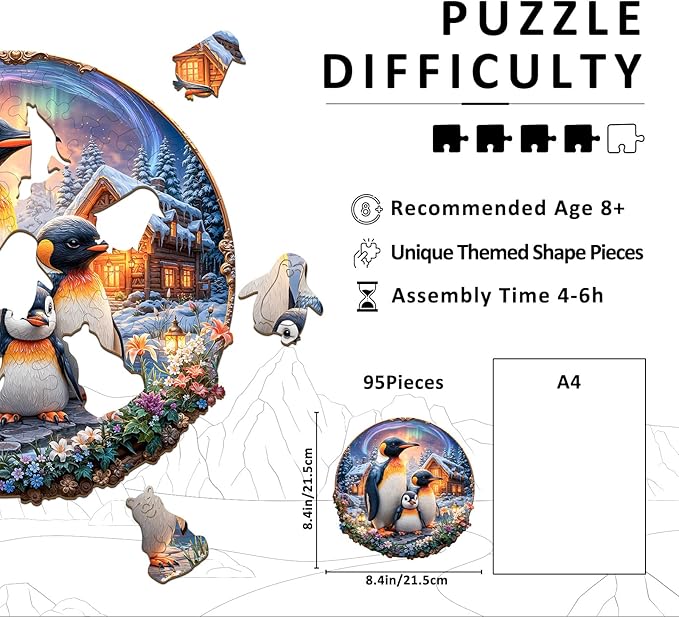 Wooden Puzzles for Adults - Aurora Penguins Wooden Jigsaw Puzzle 95 pcs - Unique Animal Shape Wood Cut Puzzles - Eco-Friendly Home Office Decor (8.4 * 8.4in)