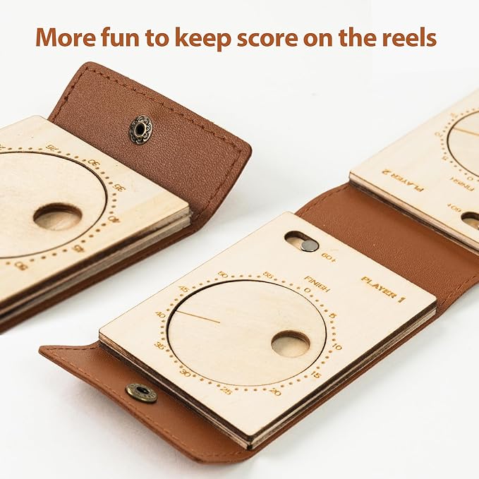 Travel Cribbage Board Game Set, Portable Unique Peg-Free Cribbage Board, Leather & Magnetic Rotating Wood Scoreboard with Playing Cards, Pocket Sized Tiny Card Game Board