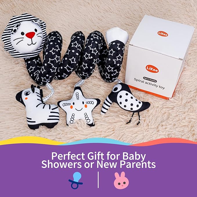 LiKee Spiral Car Seat Toys for Babies 0-6 Months, Black High Contrast Plush Hanging Baby Stroller Toys, Crib & Carseat Sensory Activity for Newborn, Ages 0+ Years 6-12 Month Infants Boy Girl Gifts