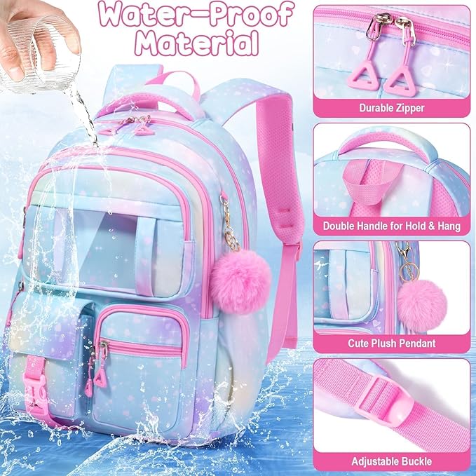 Fimibuke Girls Backpack with Lunch Box & Pencil Bag - Waterproof Kids Backpack for Ages 6+ Elementary Middle School Teens, Roomy Interior & Multi-Pocket