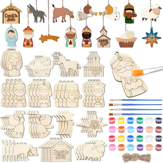 60 Pcs Wood Christmas Crafts for Kids DIY Paint Xmas Ornaments Blank Unfinished Wooden Cutouts Shapes Slices Hanging Embellishment for Christmas Tree Holiday Party Decor(Jesus Nativity)