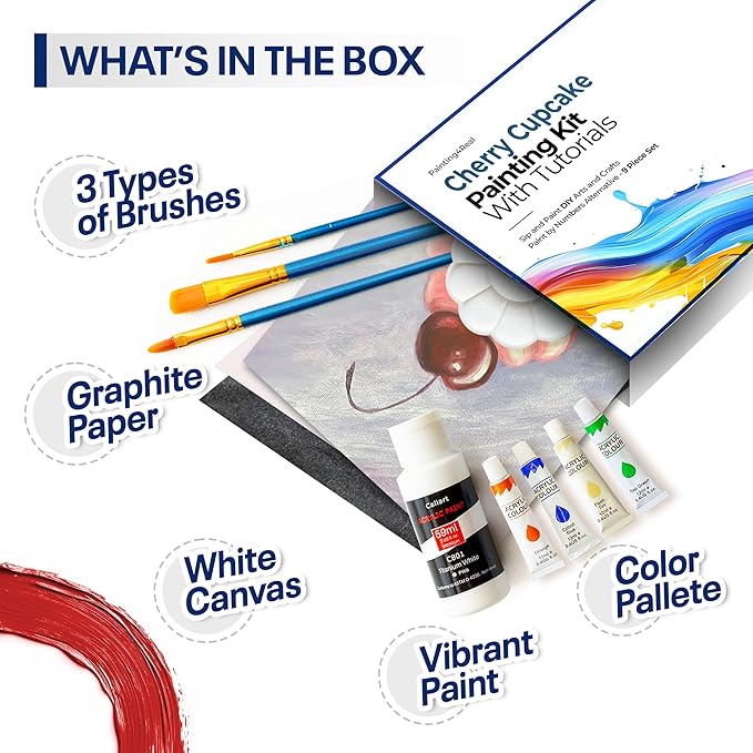 Painting4Real DIY Painting Class Kit for Adults with Video Tutorials: Learn to Paint Cherry Cupcake – How to Paint with Acrylics – Painting & Art Supplies – 9 Piece Acrylic Paint Set