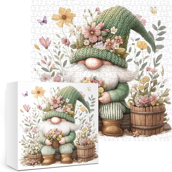 Cute Gnome Puzzles for Adults 1000 Pieces.Colorful Flower and Plant Jigsaw Puzzles. Funny Challenging Spring Garden Puzzles