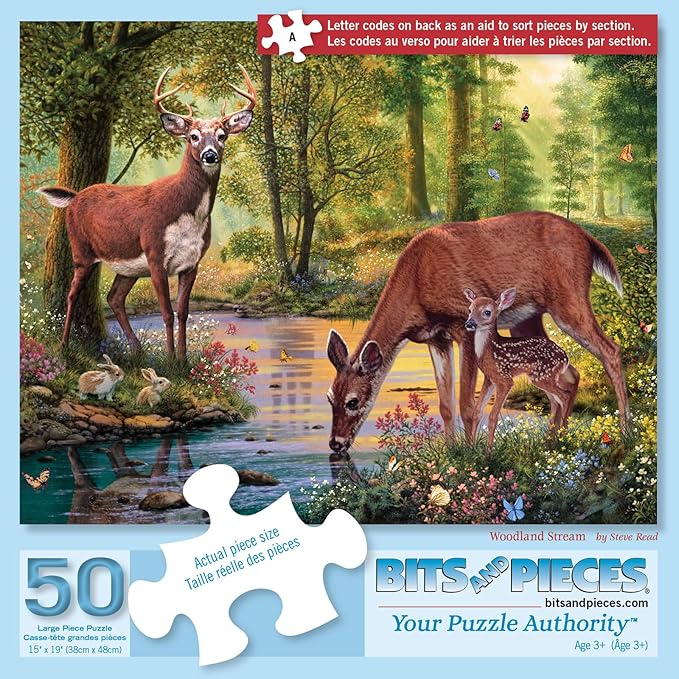 Bits and Pieces Woodland Stream Jigsaw Puzzle by Steve Read — Available in 50/100/200/300/500/1000 pcs — 15"×19", 18"×24", 20"×27" — Random Die-Cut, Nature/Deer/Stream Art (50 Piece Puzzle)