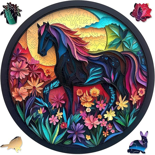 Ruikiyart Wooden Puzzles for Adults, 5MM 200 Pieces Black Horse Wooden Jigsaw Puzzles, Animal Unique Shaped Puzzle Gifts for Adults and Kids on Thanksgiving, Family Puzzle Games(11.2"*11.2")