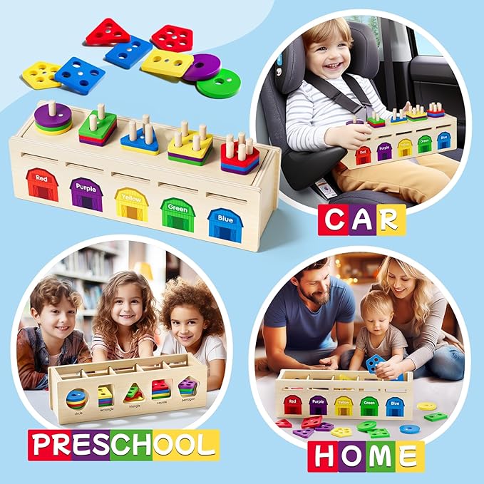 Montessori 4 in 1 Wooden Sorting Shape Sorter and Stacking Toy Box Color Matching Counting Fishing Game Preschool Educational Toys for Toddler 1 2 3 Years Baby Boys and Girls Gifts