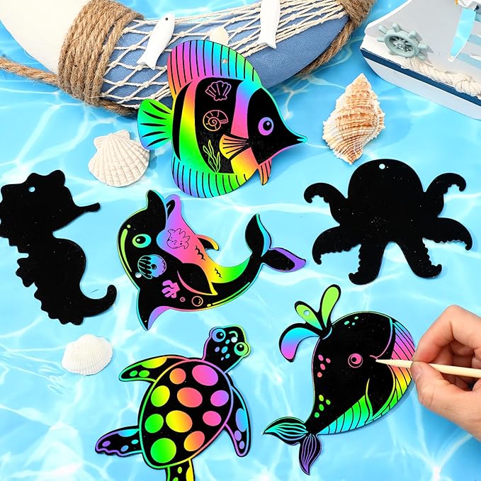 JULMELON 36 PCS Ocean Crafts, Rainbow Scratch Art Under The Sea Party Favors DIY Magic Color Summer Ocean Animals Scratch Cards for Summer Party Favors School Activities