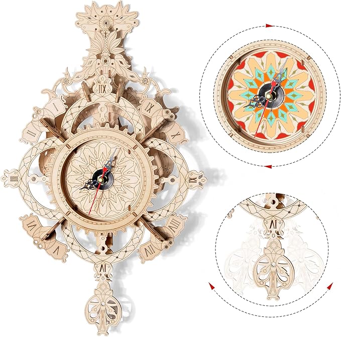 3D Wooden Puzzle Clock Kit DIY Mechanical Wall Clock Hanging Pendulum Gift for Adults & Teens
