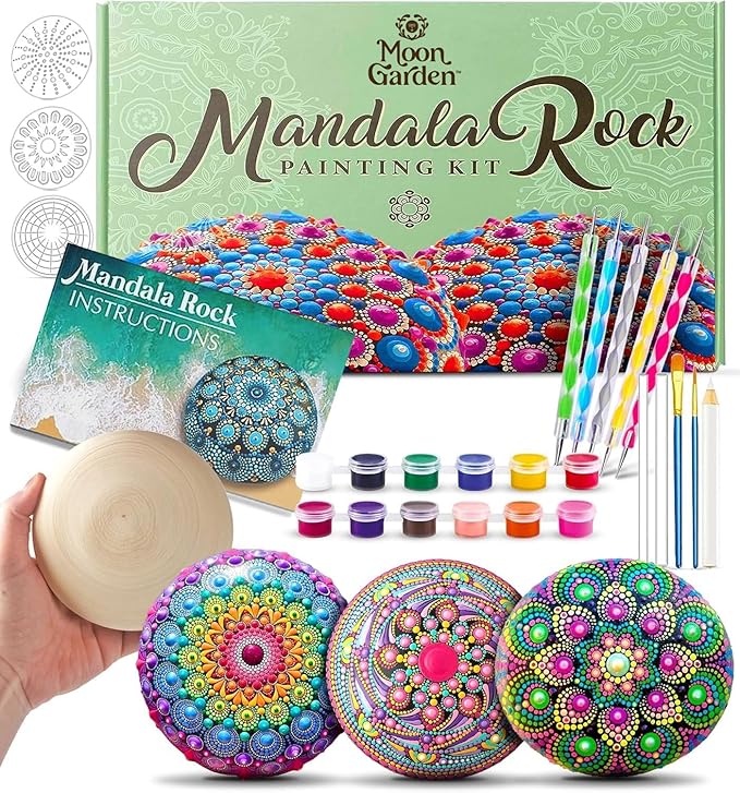 MoonGarden Mandala Rock Painting Kit - Mandala Dotting Tools Kit - Large Wooden Rocks for Painting, Stencils, Acrylic Paints, Dotting Tools for Rocks - Dot Art Kit for Adults & Kids