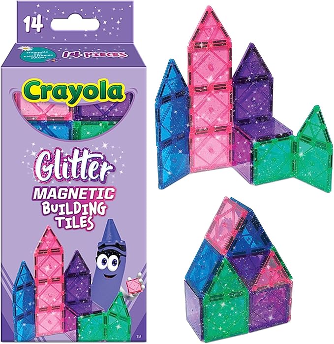 CreateOn Crayola Magnetic Tiles, Building Set for Kids, Magnetic Toys for Kids, Travel Toys, Classroom Sensory Toy Blocks, STEM & Montessori Tools for Boys & Girls Ages 3+, 14-Piece Set (Glitter)