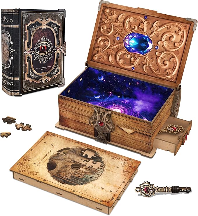 3D Wooden Puzzles for Adults,DIY Book Nook Kit,Mechanical Treasure Puzzle,Trading Card Storage Box with Lock,3 in 1,DIY Building Mechanical Model Kit for Hobby Enthusiasts