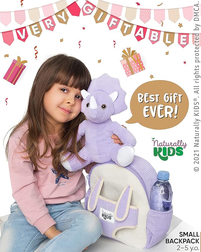 Naturally KIDS Purple Dinosaur Toys for Girls, Triceratops Toy, Dinosaur Gifts for 2 3 Year Old Girls, Toddler Backpack