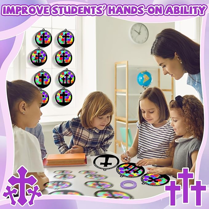 32 Sets Cross Suncatchers Craft Kit DIY Religious Window Stained Glass Effect Christian Paper Craft Home School Classroom Decoration Kid Sunday School Birthday Gift Creative Art Project Activity Game