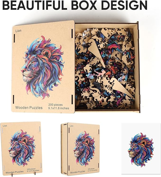 Wooden Jigsaw Puzzle, 200 Pcs Unique 3D Shape Jigsaw Puzzles, Wood Puzzle Gift Box Packing, Medium Size Letter, Creative Gift for Adults and Kids, Fun Challenging (EA4Lion, 200PCS)
