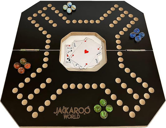 Jackaroo Board Game - 2-4 Player Cards and Marbles Board Games - Marble Strategy Game - Carbles Game - Marbles and Jokers Board Game Wooden Wahoo Board - Dirty Marble Wood Strategy Games (Black)