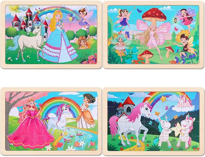 Wooden Educational Jigsaw Puzzles for Preschool Kids Ages 3-5, 4-Pack with 20 Pieces Unicorn Princess Wood Puzzles Set, Toddler Brain Teaser Toys, Preschool Gifts for Boys Girls Ages 3 4 5 6