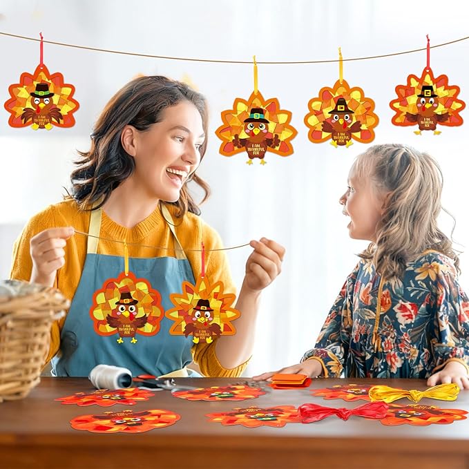 Funrous 32 Set Thanksgiving Turkey Suncatcher Craft Kit Autumn DIY Hanging Ornaments Window Stained Glass Effect Art Colorful Tissue Paper Crafts Fall Thanksgiving Home Classroom Decorations Supplies