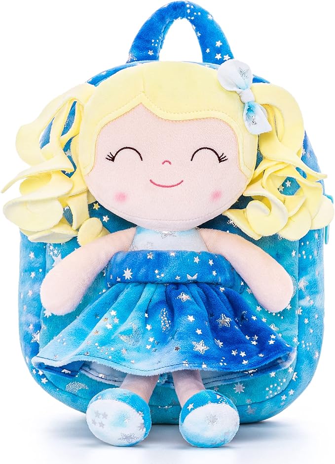 Gloveleya Toddler Backpack Baby Girl Gifts Plush Curly Girl Doll Backpacks Blue Dress with Glitter Stars 9 inches