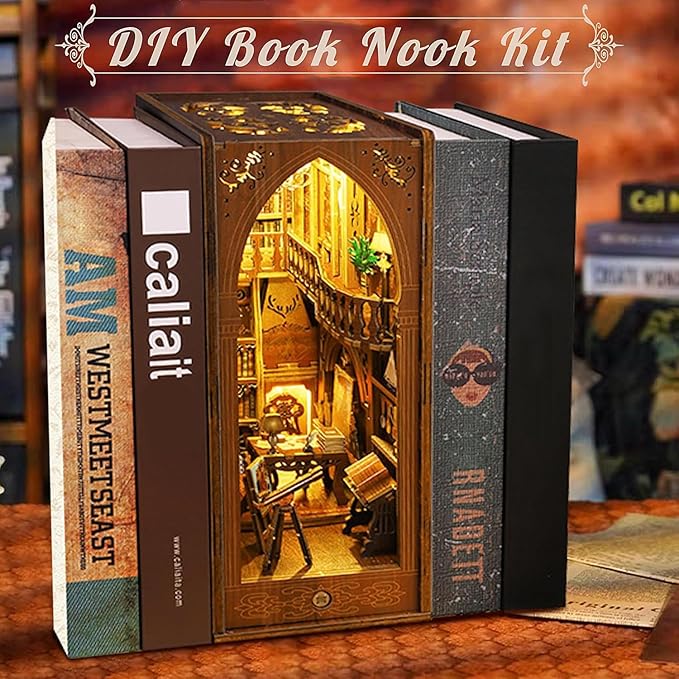 CRIOLPO Book Nook Kit - DIY Doll House Booknook, Book Nook Miniature Kit for Bookshelf Doll Houses for Adults Teen Halloween, 3D Wooden Puzzle Bookends with Sensor Led Light