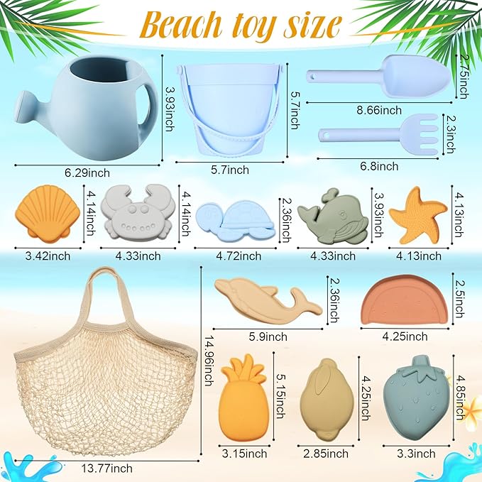 Civaner 15 Pcs Silicone Beach Toys Travel Friendly Beach Set Includes Shovel, Rake, Silicone Bucket,10 Sand Molds, Watering Can, Mesh Bag, Outdoor Baby Sand Travel Toys for Boys, Girls