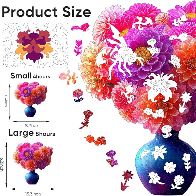 Wooden Puzzles for Adults, 199 Pieces Flower Vase Wooden Jigsaw Puzzles, Floral Puzzle Unique Shaped Gift for Adults and Kids on Birthday, Thanksgiving, Family Puzzle Games (10.7'' x 11.4'')