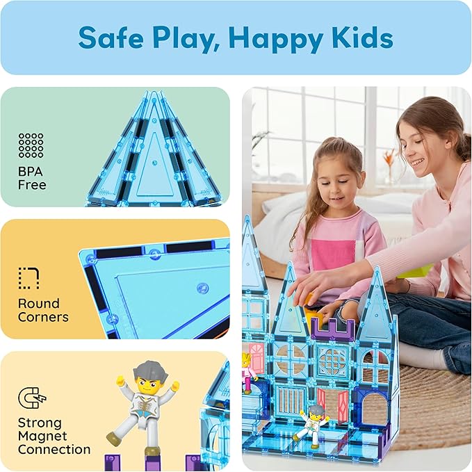 PicassoTiles 72 Piece Magnetic Building Tiles Castle Winter Ice Theme Construction Magnet Block Set with Princess Prince Character Stairs Windows Doors STEM Learning Educational Toy Kids Ages 3+ PT72