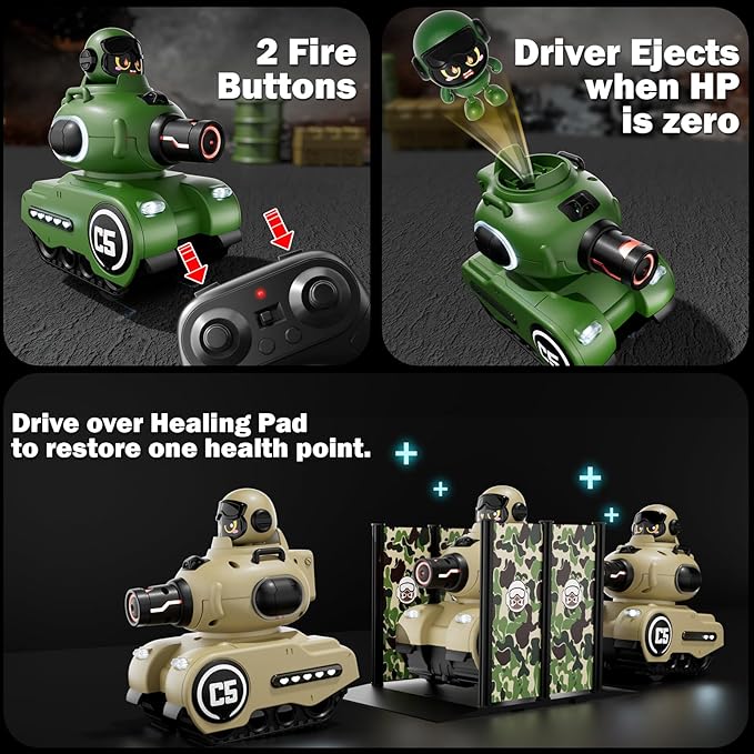 2 Pack Cute Cartoon Remote Control Battle Tanks with Laser tag|Hobby RC Cars Shoot to Ejected Out|Military Army Toys for 6 7 8 Year Old Boys Girls | Christmas Birthday Gifts for Toddler