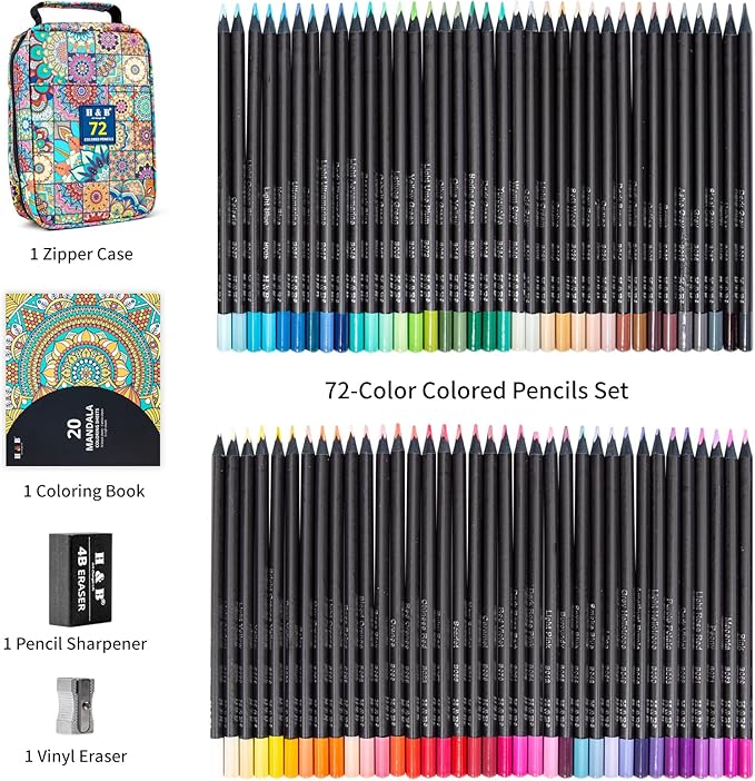 H & B Colored Pencils Set with Coloring Book, Eraser, and Sharpener - Perfect for Drawing and Coloring - Soft Oil-Based Cores Ideal (72)