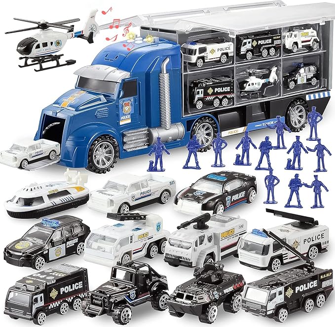 JOYIN 25 in 1 Police Rescue Truck Car Toy Set with Sounds and Lights, Mini Vehicles in Carrier Truck, Play Police Patrol Rescue Vehicle Toy, Birthday Gifts for Over 3 Years Old Boys