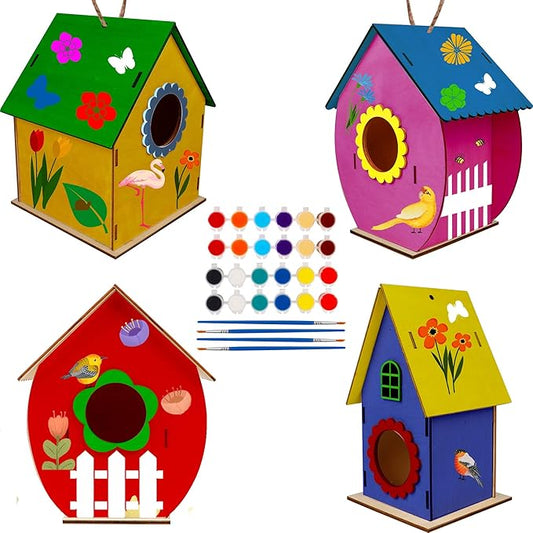 Glintoper Art Craft Wood Toys for Kids, 4 Pack DIY Bird House Kit Painting Puzzle DIY Wooden Assembly, Build and Paint Birdhouse, Include Paints & Brushes, Wooden Arts for Girls Boys Toddlers