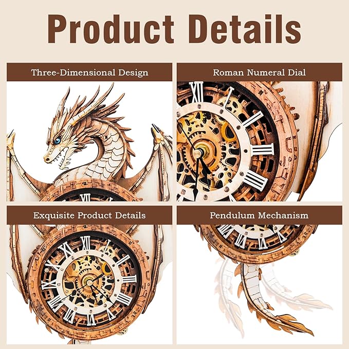 KAAYEE 3D Puzzle for Adult, Wooden Dragon Pendulum Clock Mechanical Model Kit, 32 PCS DIY Vintage Wall Clock Building Kit, Creative Craft Gift for Birthday Home Decor (Battery Not Included)