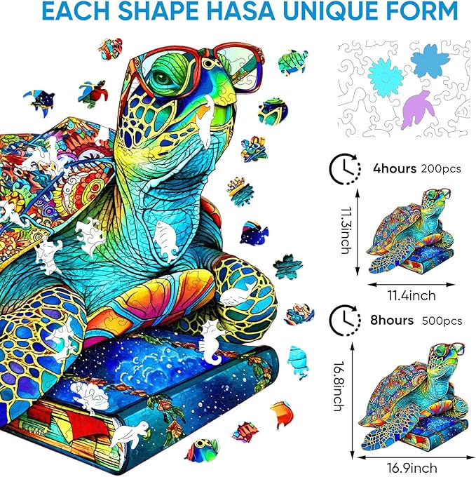 Wooden Puzzles for Adults, Glasses Sea Turtle Wooden Jigsaw Puzzles 200 Pieces, Unique Shape Animal Adult Puzzles, Irregular Wood Puzzles Best Gift for Adults Family Game(11.4 * 11.3 in)