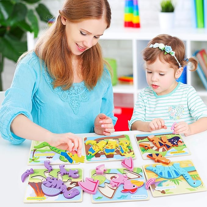 SYNARRY 6 Pack Dinosaur Wooden Puzzles for Kids 3-5, Wooden Puzzles for Toddlers, Dinosaur Puzzles for Toddlers 3 4 5 Year Old, Educational Preschool Puzzles Toys Gifts for Boys Girls