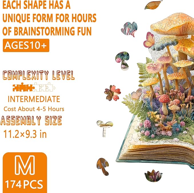 Wooden Puzzles for Adults - Forest Magic Book Wooden Jigsaw Puzzle for Adults, Mushroom Wood Puzzles Adult, Unique Animal Shape Ocean Puzzle, Wall Art Home Decor (M-11.2 * 9.3in- 174 Pieces)